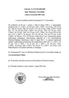 Uchwała Rady Miejskiej w Koszalinie nr XXXIII/402/2009