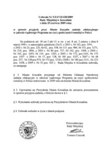 Uchwała Rady Miejskiej w Koszalinie nr XXXVII/420/2009