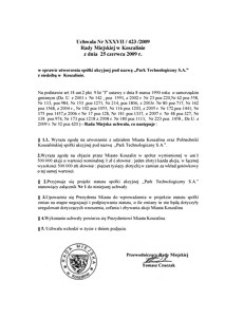 Uchwała Rady Miejskiej w Koszalinie nr XXXVII/423/2009