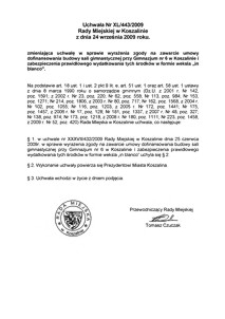 Uchwała Rady Miejskiej w Koszalinie nr XL/443/2009