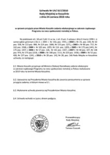 Uchwała Rady Miejskiej w Koszalinie nr LIV/617/2010