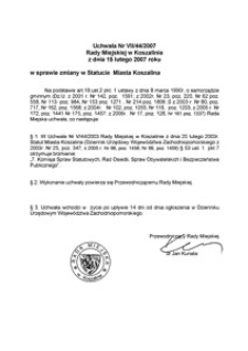 Uchwała Rady Miejskiej w Koszalinie nr VII/44/2007