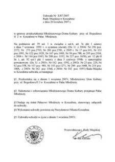 Uchwała Rady Miejskiej w Koszalinie nr X/87/2007