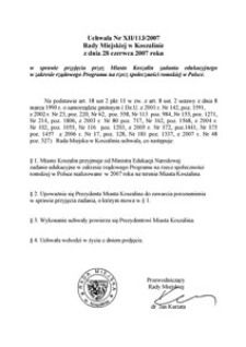 Uchwała Rady Miejskiej w Koszalinie nr XII/113/2007