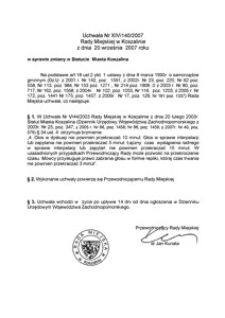 Uchwała Rady Miejskiej w Koszalinie nr XIV/140/2007