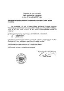 Uchwała Rady Miejskiej w Koszalinie nr XIV/141/2007