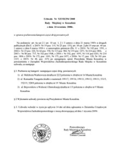 Uchwała Rady Miejskiej w Koszalinie nr XXVII/294/2008