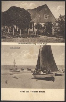 Gruβ aus Vietzker Strand, Kolonialwarenhandlung von W. Pagel; Ostseestrand