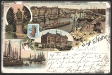 Gruss aus Stettin, Blick an der Oder, Stromabwärts ; Denkmal Friedrich d. Grossen ; Rathaus, Ostseite ; Dunzig quai.