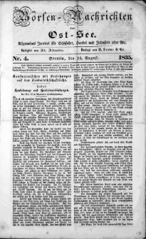 Börsen-Nachrichten der Ost-See : allgemeines Journal für Schiffahrt, Handel und Industrie jeder Art. 1835 Nr. 4