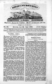 B&ouml;rsen-Nachrichten der Ost-See : allgemeines Journal f&uuml;r Schiffahrt, Handel und Industrie jeder Art. 1836 Nr. 50