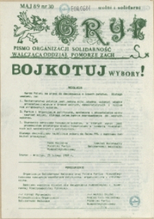 Gryf : pismo organizacji "Solidarność Walcząca" Oddział Pomorze Zachodnie. 1989 nr 30