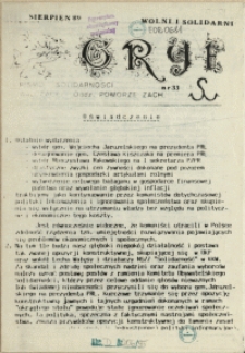 Gryf : pismo organizacji "Solidarność Walcząca" Oddział Pomorze Zachodnie. 1989 nr 33