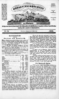 Börsen-Nachrichten der Ost-See : allgemeines Journal für Schiffahrt, Handel und Industrie jeder Art. 1840 Nr. 72