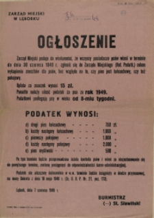[Afisz] Ogłoszenie [...] wszyscy posiadacze psów winni [...] zgłosić się celem wykupienia znaczków dla psów [...]
