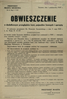 [Afisz] Obwieszczenie o dodatkowym przeglądzie koni, pojazdów konnych i uprzęży