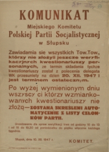 [Afisz. Inc.:] Komunikat Miejskiego Komitetu Polskiej Partii Socjalistycznej w Słupsku [...]