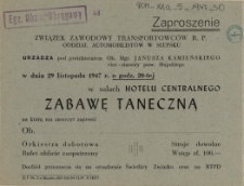 Zaproszenie [Inc.:] Związek Zawodowy Transportowców R.P. Oddział Automobilistów w Słupsku urządza [...] w dniu 29 listopada 1947 r. [...] zabawę taneczną [...]