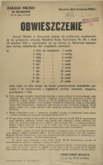 [Afisz] Obwieszczenie [Inc.:] [...] wprowadza się na terenie m. Szczecina następujące normy zaludnienia dla wszystkich mieszkań [...]
