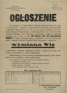 [Afisz] Ogłoszenie [Inc.:] [...] wymiana wiz [...]