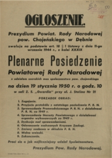 [Afisz. Inc.:] [...] Plenarne Posiedzenie Powiatowej Rady Narodowej [...]