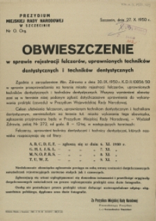 [Afisz] Obwieszczenie w sprawie rejestracji felczerów, uprawnionych techników dentystycznych i techników dentystycznych