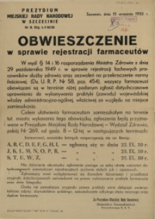 [Afisz] Obwieszczenie w sprawie rejestracji farmaceutów