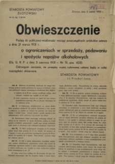 [Afisz] Obwieszczenie [Inc.:] [...] o ograniczeniach w sprzedaży, podawaniu i spożyciu napoj&oacute;w alkoholowych [...]