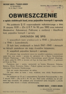 [Afisz] Obwieszczenie o spisie niektórych koni,[!] oraz pojazdów konnych i uprzęży