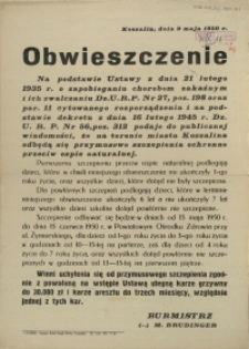 [Afisz] Obwieszczenie [Inc.:] [...] podaje się do publicznej wiadomości, że na terenie miasta Koszalina odbędą się przymusowe szczepienia ochronne przeciw ospie naturalnej [...]