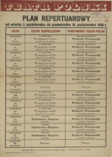 [Afisz] Plan repertuarowy od wtorku 3. października do poniedziałku 16. października 1950 r.
