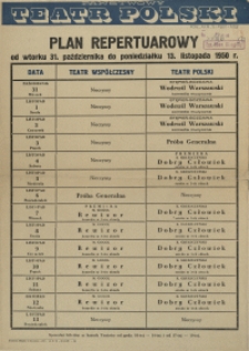 [Afisz] Plan repertuarowy od wtorku 31. października do poniedziałku 13. listopada 1950 r.