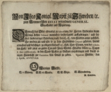 Von Ihro Königl. Maytt. zu Schweden, [et]c. zum Pommerschen Estat verordnete General-Staathalter und Regierung : Demnach das Oster-Qvartal zu Salaryrung der Herren Bedienten beym Königl. hohen Tribunal nunmehro fordersambst auffzubringen [...] : [Dat.] Signatum Stettin, den 5. Aprilis, Anno 1698