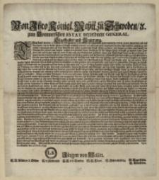 Von Ihro Königl. Maytt. zu Schweden, [et]c. zum Pommerschen Estat verordnete General-Staathalter und Regierung : Thun kund hiemit: Obzwar in der Policey-Ordnung alle schadliche Vorkaufferey, so wol in den Städten, als auf dem Lande bey der darin gesetzten Straffe, ernstlich verboten, und allen und jeden angedeutet worden, sich derselben gäntzlich zu enthalten, dahingegen alles auf dem Marckte und andere [...] Kauff-Plätze zu führen und kommen zu lassen [...]. Signatum Stettin, den 11. Octobr. 1699