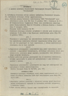 Informacja w sprawie powstania Niezależnych Samorządnych Związków Zawodowych "Solidarność"