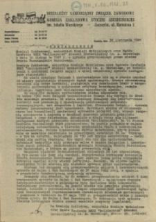 Oświadczenie Komisji Zakładowej, wszystkich Komisji Wydziałowych oraz Mężów Zaufania NSZZ "Solidarność" Stoczni Szczecińskiej im. A. Warskiego z dnia 30 listopada 1981 r. w sprawie proponowanego przez władze Frontu Porozumienia Narodowego