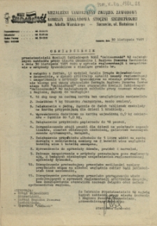 Oświadczenie przedstawicieli Komisji Zakładowych NSZZ "Solidarność" 42 największych zakładów pracy miasta Szczecina i Regionu Pomorza Zachodniego z dnia 30 listopada 1981 roku w sprawie reglamentacji i zaopatrzenia w artykuły żywnościowe w miesiącu grudniu br.