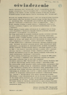 Oświadczenie Komisji Zakładowej NSZZ "Solidarność" Stoczni Szczecińskiej im. A. Warskiego w Szczecinie z dnia 2 listopada 1981 r. w sprawie nagonki prowadzonej przez władze i środki masowego przekazu na Mariana Jurczyka Przewodniczącego Zarządu Regionu Pomorza Zachodniego NSZZ "Solidarność"