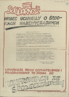 [Afisz] Solidarność wobec uchwały o środkach nadzwyczajnych