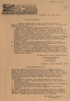 Komunikat [Inc.:] Komitet Założycielski NSZZR "Solidarność Wiejska" Regionu Pomorza Zachodniego na posiedzeniu w dniu 2 stycznia 1981 r. uchwala [...]