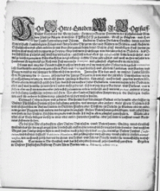Von Gottes Gnaden Wir Bogislaff, Dieses Nahmens der Viertzehende, Hertzog zu Stettin, Pommern [...] fügen Euch hiemit zu wissen, was massen bey jetzigem, zu Leiptzig, fürgewesenem Cräyßtage, von den sämptlichen Ständen, des Obersächsischen Cräyses [...] geschlossen, das alles zu defension jetzt bemelten Cräyses [...] auff die Beine gebrachtes, und [...] Kriegsvolck, zu Roß und Fuß [...] licentyret, und [...] abgedancket werden solte [...] Demnach Ordnen, setzen und gebieten Wir hiemit, das kein einiger Soldat [...] in Unsern Landen [...] zu Betteln, zu Garden, oder in andere wege, mit Plaggen [...] Unsere Unterthanen zubelästigen [...] sondern bey Unserer Höchsten ungnade, und straffe, sich dessen allen gäntzlich zuenthalten [...] : [Dat.] Gegeben in [...] Stadt alten Stettin, am 24. Februarij, Anno 1624