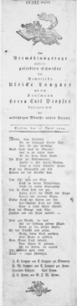 Am Verm&auml;hlungstage unserer geliebten Schwester der Demoiselle Ulricke Langner mit dem Kaufmann Herrn Carl Droysen bezeigen wir die [...] W&uuml;nsche unsers Herzens : Stettin, den 21. April 1804