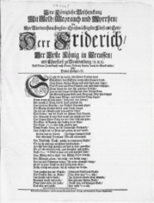 Eine Königliche Beschenckung Mit Gold, Meyrauch und Myrrhen, Als Der [...] Herr Friderich, Der Erste König in Preussen [...] Auff Seiner Zurückkunfft nach Seiner Residentz Berlin, durch die Marck reisete