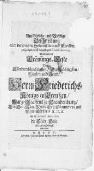 Ausführliche und Richtige Beschreibung aller derjenigen Solennitäten und Freunden zeugungen, nebst beygefügten Illuminationen, Welche an dem Krönungs-Feste Des [...] Herrn Friederichs, Königs in Preussen [...] am 18. Januari anno 1701. die Stadt Halle allerunterthänigst erwiesen