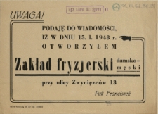 [Druk ulotny. Inc.:] Zakład fryzjerski damsko-męski