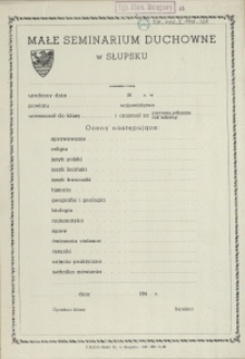 [Druk urzędowy] Małe Seminarium Duchowne w Słupsku : [świadectwo]