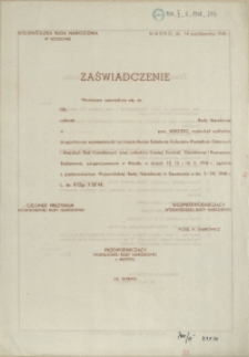 Zaświadczenie : [Kurs Szkolenia Członków Prezydium Gminnych i Miejskich Rad Narodowych oraz członków Komisji Kontroli, Oświatowej i Finansowo-Budżetowej