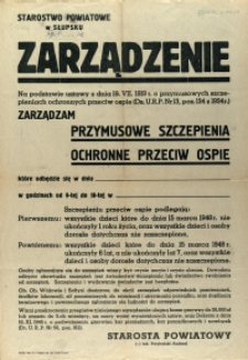 [Afisz] Zarządzenie : [przymusowe szczepienia ochronne przeciw ospie]