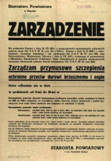 [Afisz] Zarządzenie : [przymusowe szczepienia ochronne przeciw ospie]