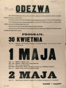 [Afisz. Inc.:] Odezwa : Święto 1 Maja, dzień mobilizacji klasy robotniczej [...]